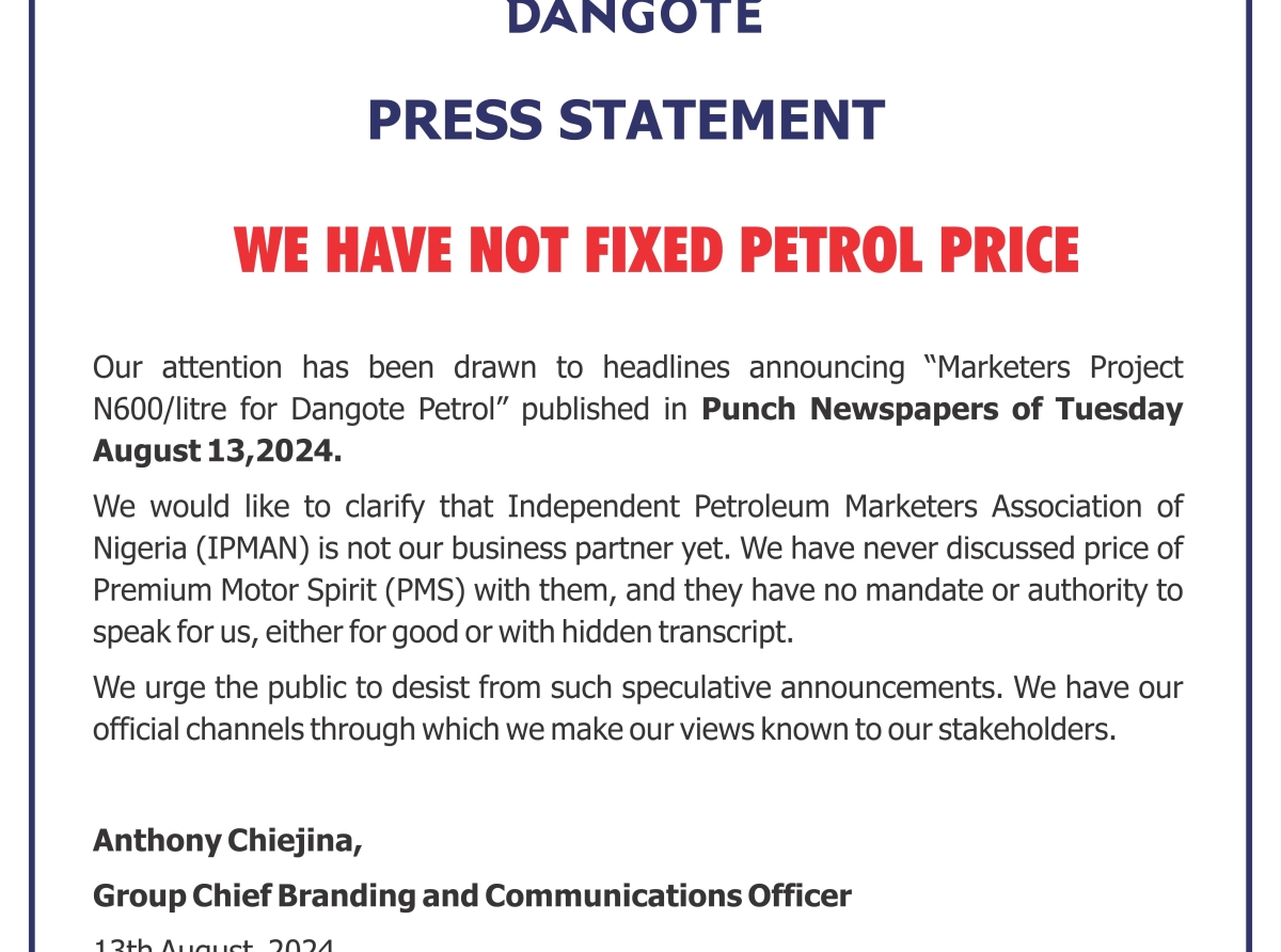 N600?Litre! Dangote debunks Marketers projection....Says We have not fixed petrol price